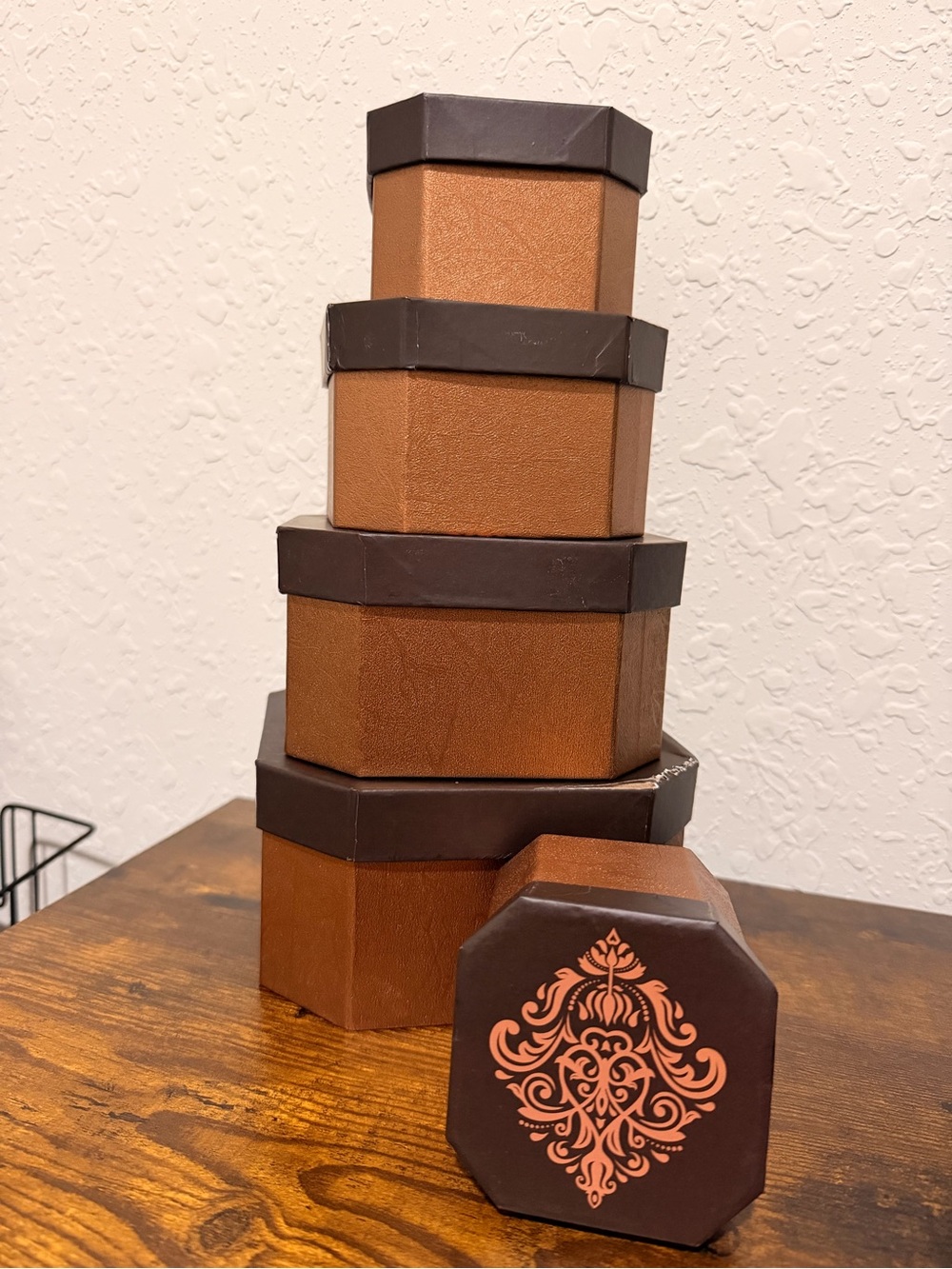 Stacked Brown Decorative Gift Boxes with Ornate Lid